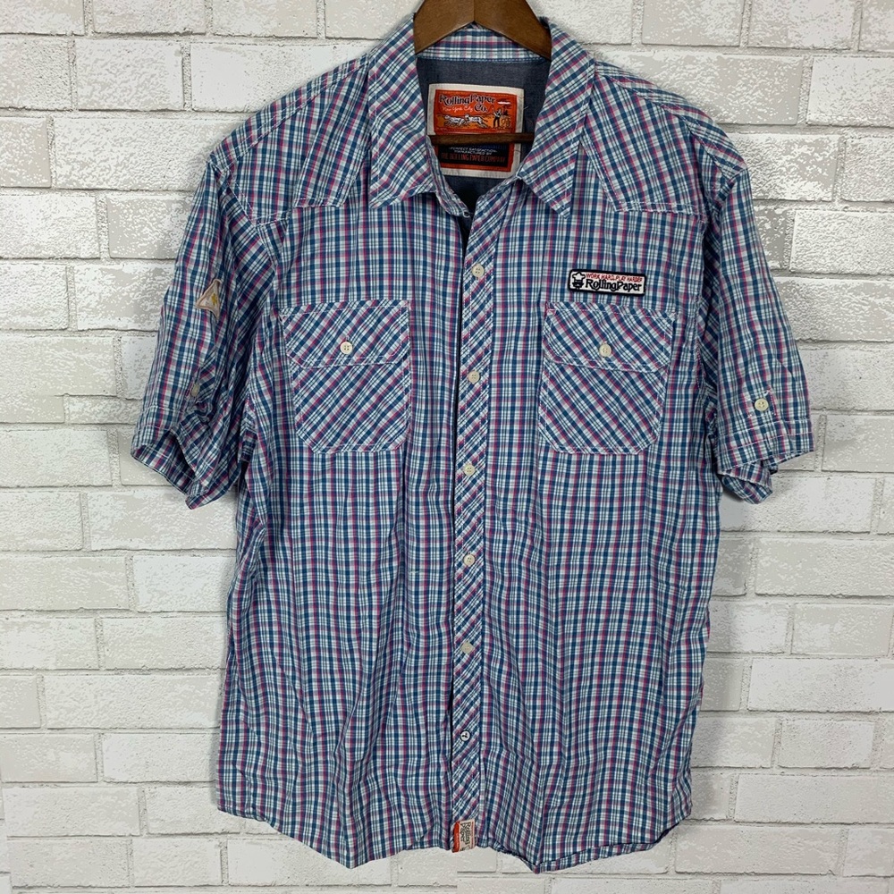Rolling paper co short sleeve button down patches